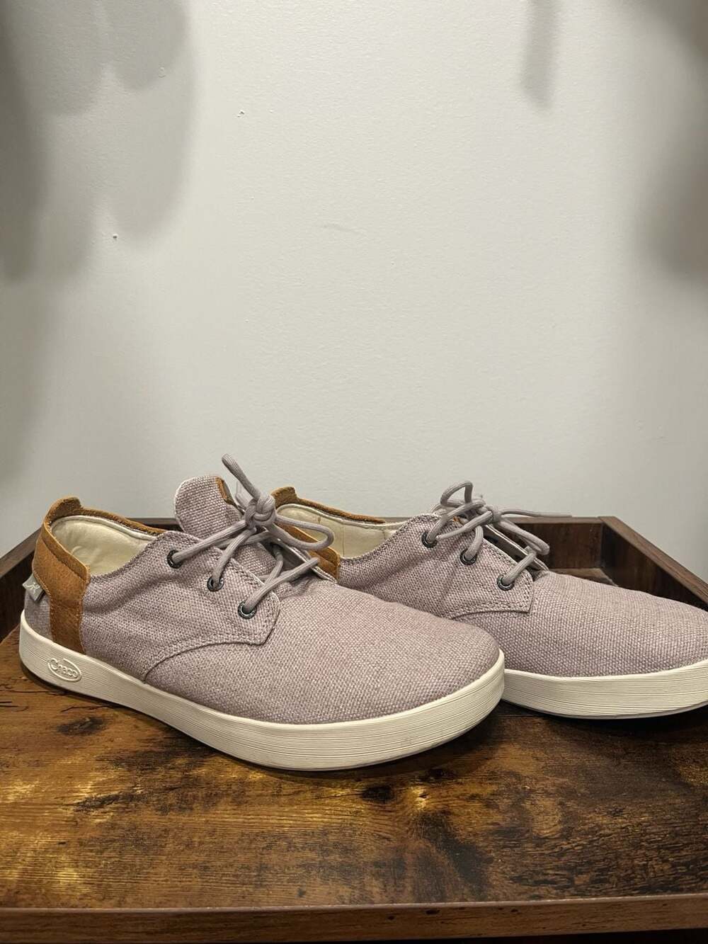 Chaco Men's Davis Lace Casual Shoes Gull Gray Canvas Leather Trim Sneakers Size